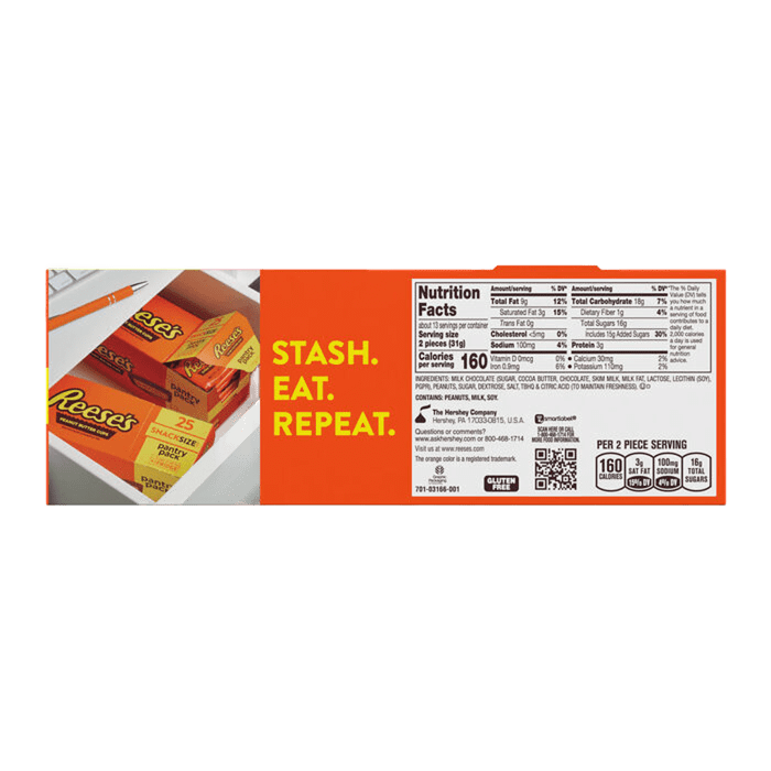 Caja de dulces REESE'S Milk Chocolate Peanut Butter Cup, tamaño snack, 25 unidades (25 unidades)