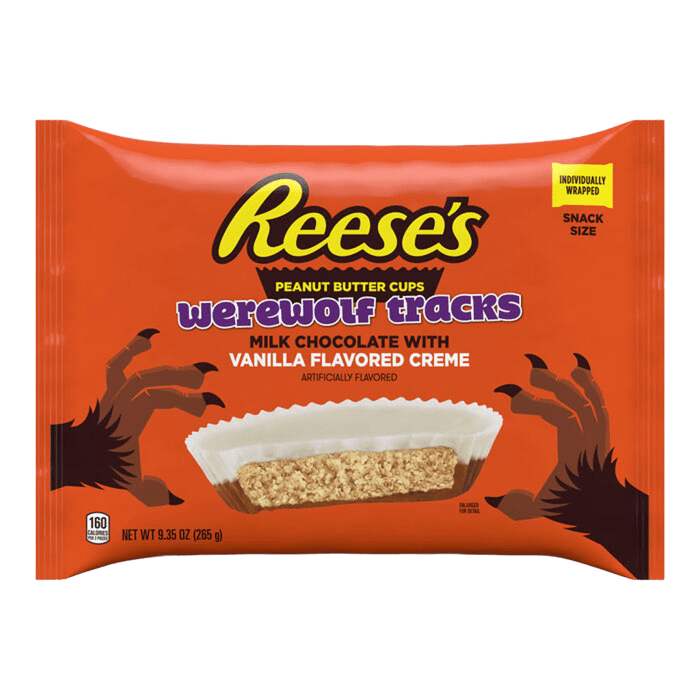 REESE'S Werewolf Tracks - Tazas de mantequilla de maní con sabor a chocolate con leche y vainilla, tamaño bocadillo, bolsa de dulces de Halloween, 9.35 oz